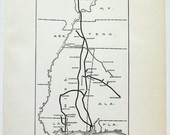 May include: A vintage black and white map of the Gulf, Mobile & Ohio Railroad Company, showing the railway lines across several states, including Illinois, Kentucky, Tennessee, Arkansas, Alabama, and Louisiana. The map includes text labels for cities and geographical features.