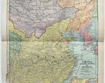 China, Mongolia & Korea - Original 1910 Map by Dodd Mead. Antique. Tsing Tau, Port Arthur