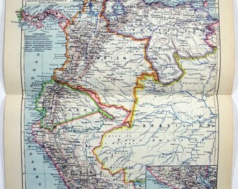 Columbia, Venezuela, Ecuador & Peru - Original 1931 Map by Meyers. Vintage