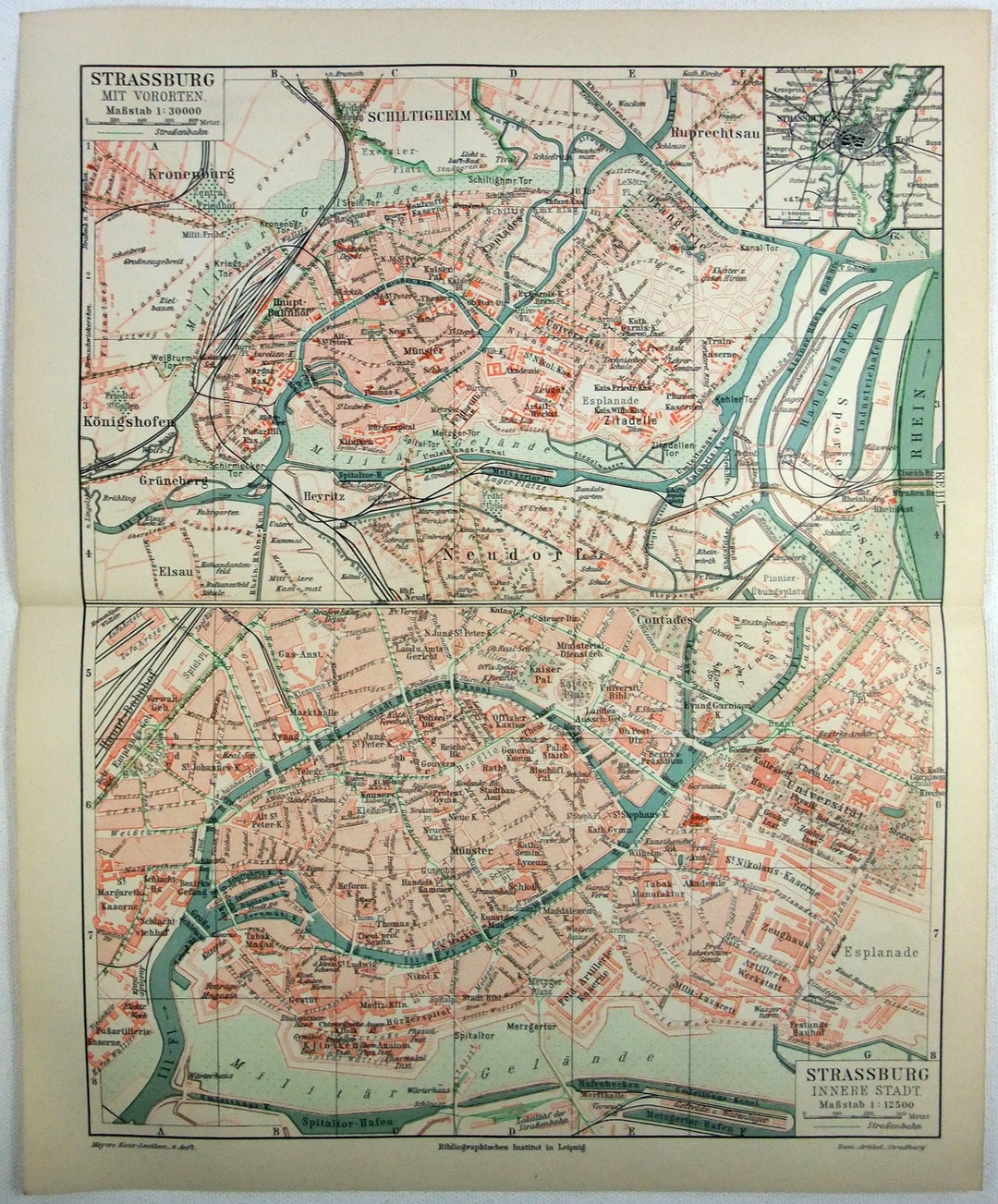 Strasbourg France - 1908 City Map by Meyers. Strassburg Alsace