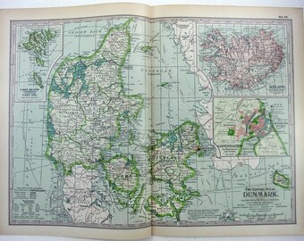 Antique Denmark Map: 1897 Original, Iceland & Copenhagen Insets