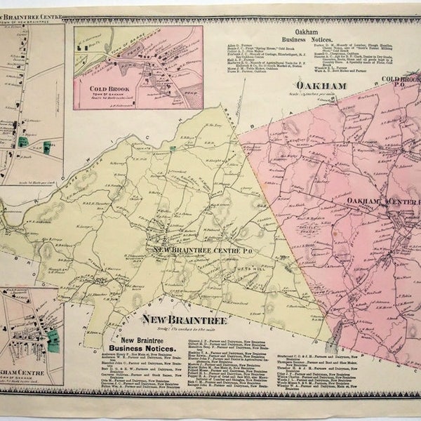 Oakham & New Braintree, Massachusetts. 1870 Map by FW Beers. Hand Colored. Antique Original Map