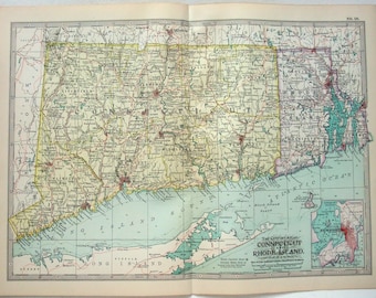 Mapa original de 1902 de Connecticut y Rhode Island de The Century Company. Antiguo Original