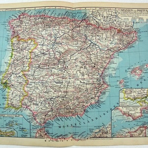 Spanien & Portugal - Original 1931 Deutsche Karte von Meyers. Vintage