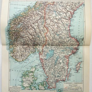 Schweden & Norwegen - Südteil - Original 1908 Deutsche Sprache Karte von Meyers. Antiken