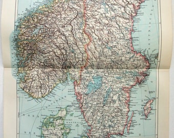 Sweden & Norway - Southern Part - Original 1908 German Language Map by Meyers. Antique