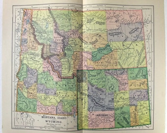 Montana, Idaho y Wyoming - Mapa original de 1891 de Hunt & Eaton. Antiguo