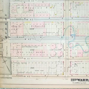 1880-karta över Manhattan, Hell's Kitchen, vintage New York-historia