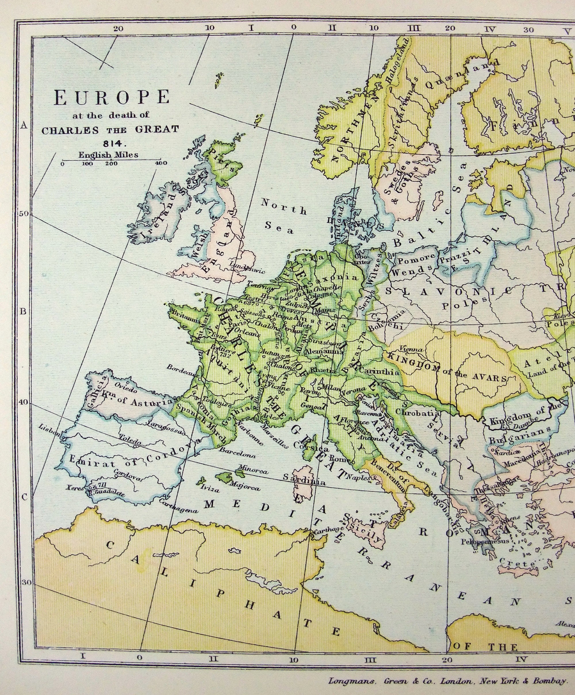 Vintage Map of Europe in 814 at the Death of Charles the Great pic