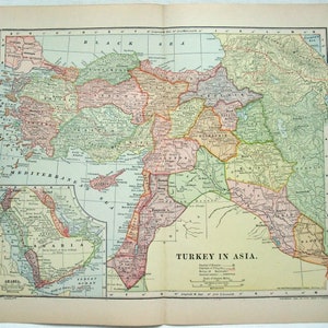 Original 1910 Landkarte der Türkei in Asien von Dodd Mead & Company. Kurdistan, Armenien, Syrien und Palästina. Antike Original-Karte
