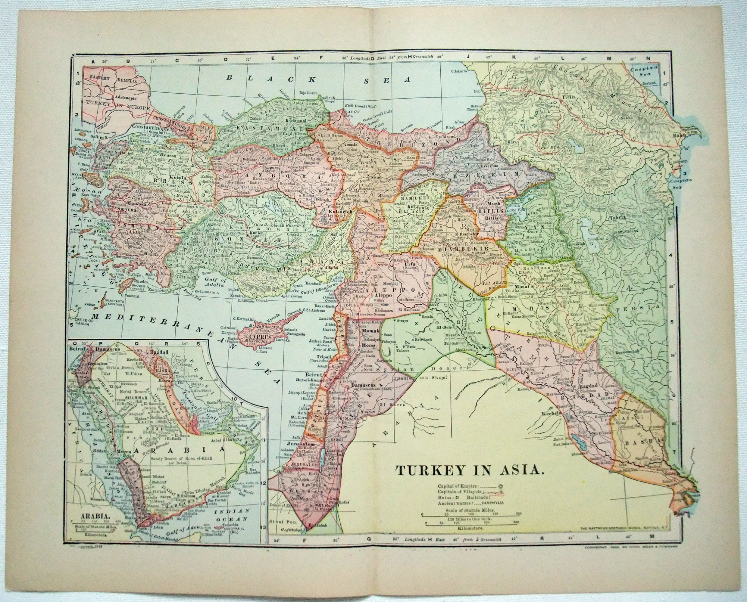 Antique 1910 Map of Turkey in Asia: Ottoman Empire