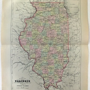 Illinois - Original 1894 Kupferplatte Karte von AJ Johnson. Antik