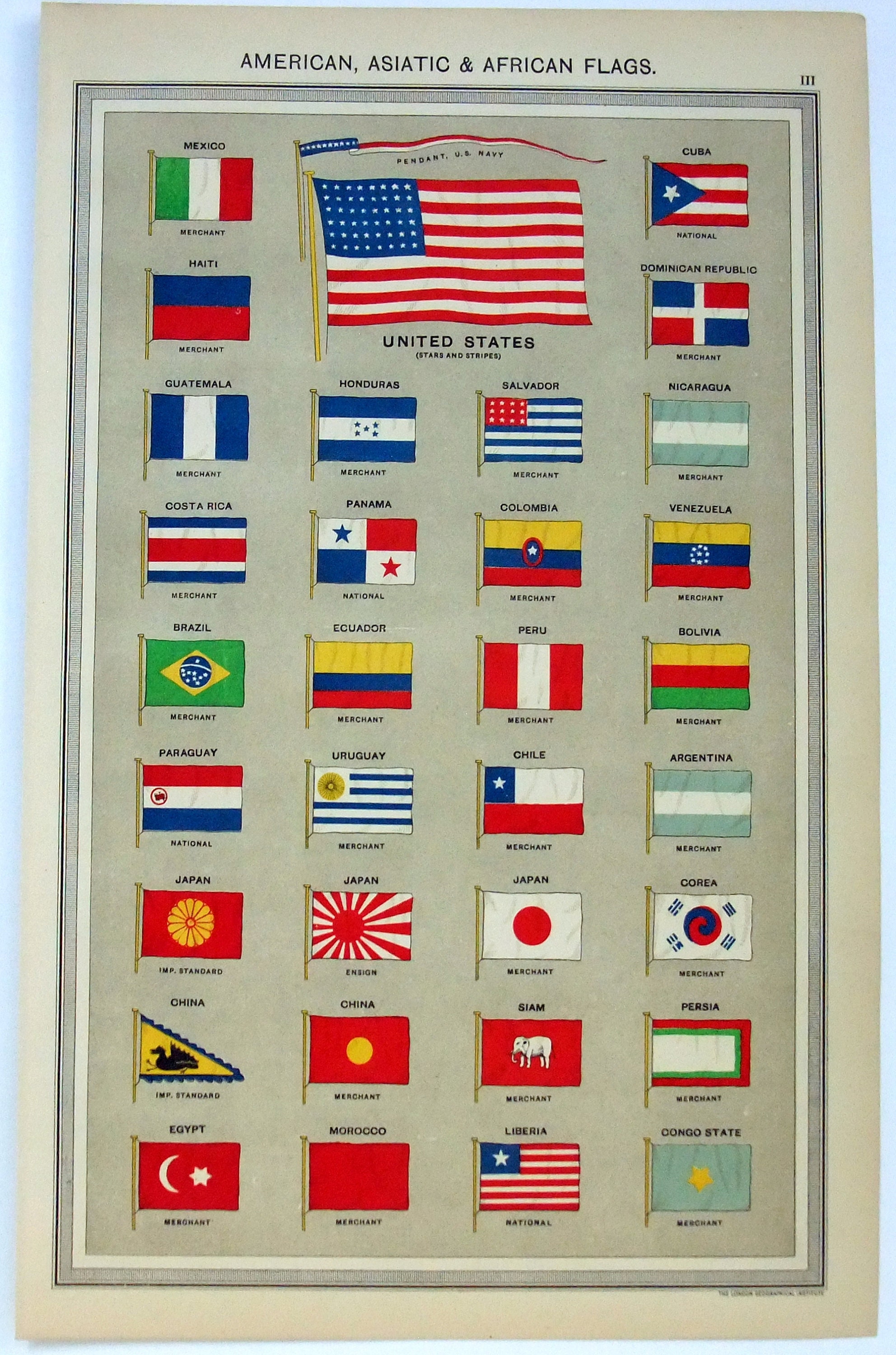 American, Asian & African Flags - Original 1926 Chromo-Lithograph by George Philips. Vintage