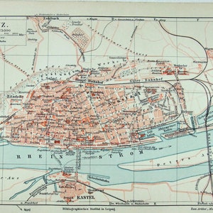 Mainz, Deutschland - Original Stadtplan von 1908 von Meyers. Antike Original-Karte