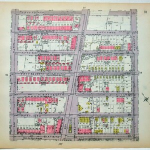 May include: A vintage map of a city block with street names and house numbers. The map is printed on paper with a light purple background and pink and yellow markings.