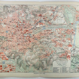 Stuttgart, Deutschland - Original Stadtplan von 1908 von Meyers. Antike Original-Karte