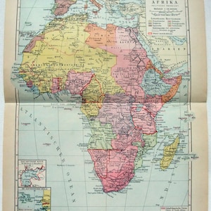 África colonial: mapa original en alemán de 1923 de Meyers. Antiguo