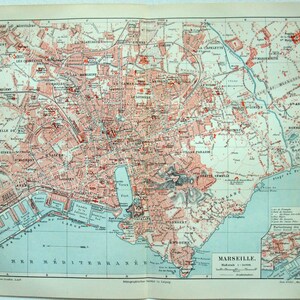 Marseille Frankreich - Original Stadtplan von 1908 von Meyers. Antik