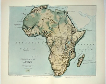Original 1902 Physical Map of Africa by Dodd Mead & Company. Antique.