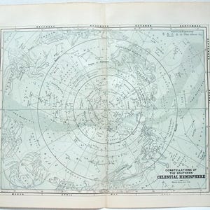 May include: An open vintage map of the Southern Celestial Hemisphere, featuring constellations and celestial details. The map is printed in shades of green and gray, with text labeling months and constellations. The title "Constellations of the Southern Celestial Hemisphere" is visible.