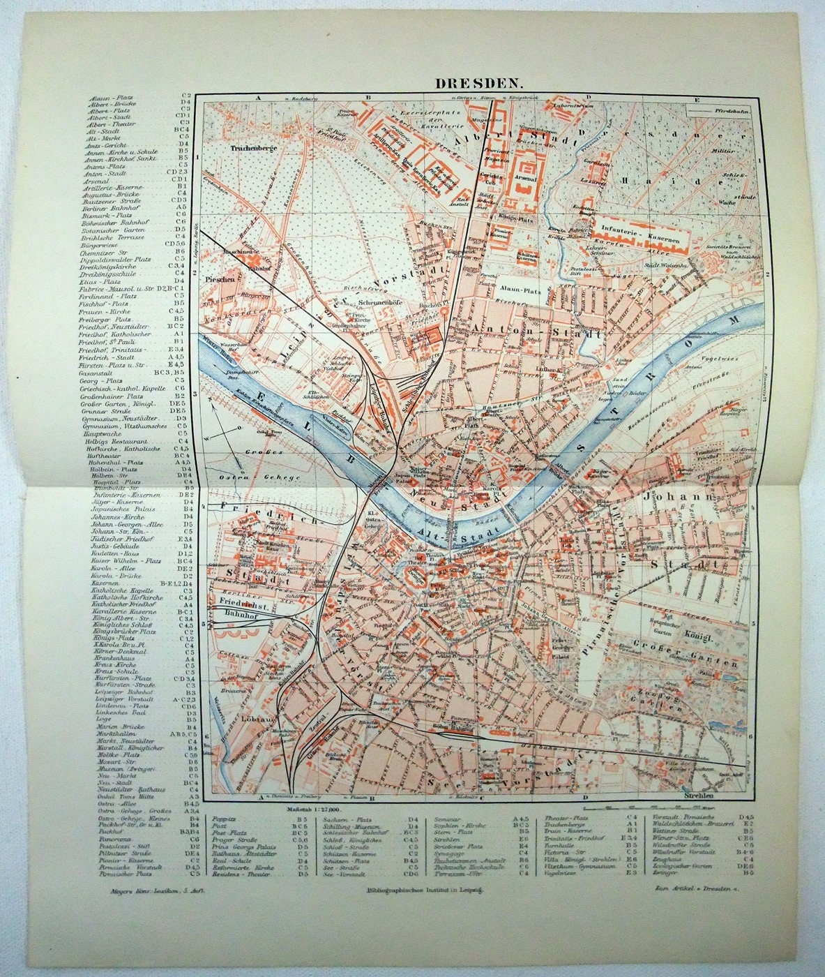 Dresden Germany - Original 1897 City Map by Meyers. Antique Original