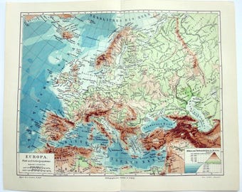 Europe - Original 1905 Physical Map by Meyers. German Language. Antique