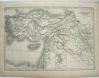Turkey in Asia - Large Original 1846 Steel Plate Map by Sydney Hall. Armenia Kurdistan. Antique