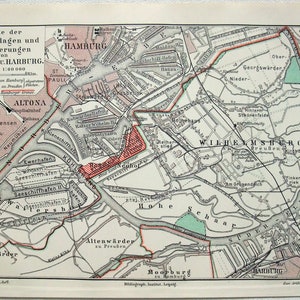 Hafen Hamburg, Deutschland - Original 1912 Karte von Meyers. antik