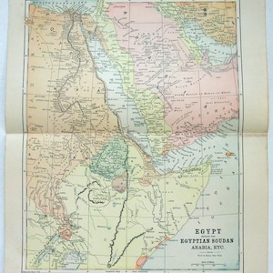 Original 1891 Map of Egypt, Sudan, Abyssinia, Somalia, Arabia, Yemen. Antique