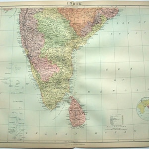 Südindien - Große Original 1876 Karte von A & C Schwarz. Antiken.