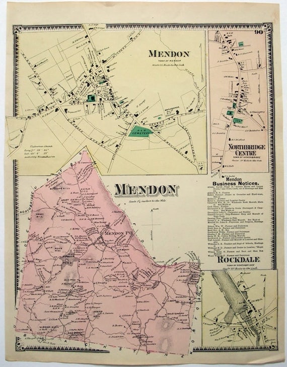 Mendon Massachusetts. 1870 Map by FW Beers. Hand Colored. Etsy