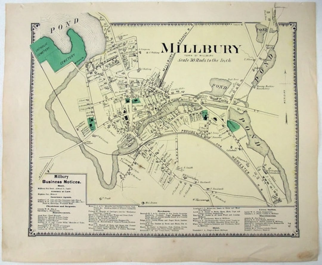 Millbury, Massachusetts. 1870 Map by FW Beers. Hand Colored. Antique Original Map Etsy