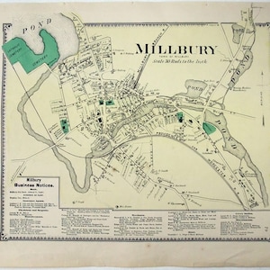 Millbury (Massachusetts). 1870 Karte von FW Beers. Hand gefärbt. Antike Original-Karte