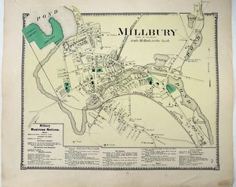 Millbury, Massachusetts. 1870 Mapa por FW Beers. Coloreado a mano. Mapa original antiguo