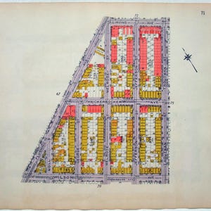 May include: A vintage map of a city grid, featuring streets like Melrose St, Jefferson St, and Knickerbocker Ave. The map is coloured with yellow, red, and white blocks, and includes street names and numbers. A compass rose is in the upper right corner.