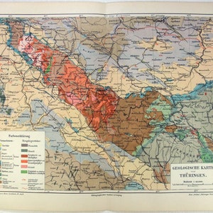 Thüringen Deutschland - Original 1908 Geologische Karte von Meyers. Antik