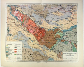 Thuringia Germany - Original 1908 Geological Map by Meyers. Antique