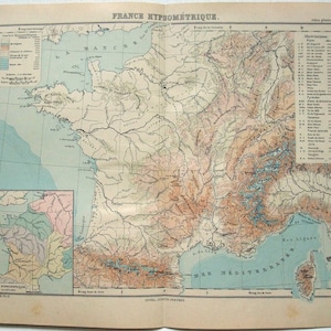 Original 1895 hypsometrische Karte von Frankreich von Justus Perthes - Französisch Kupfer Platte Altitute Karte Antik
