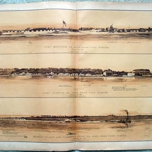 Tres vistas desde Fort Sumpter el 13 de febrero de 1861 - Lámina 1 del Atlas que acompaña los registros oficiales de la Unión y la Confederación