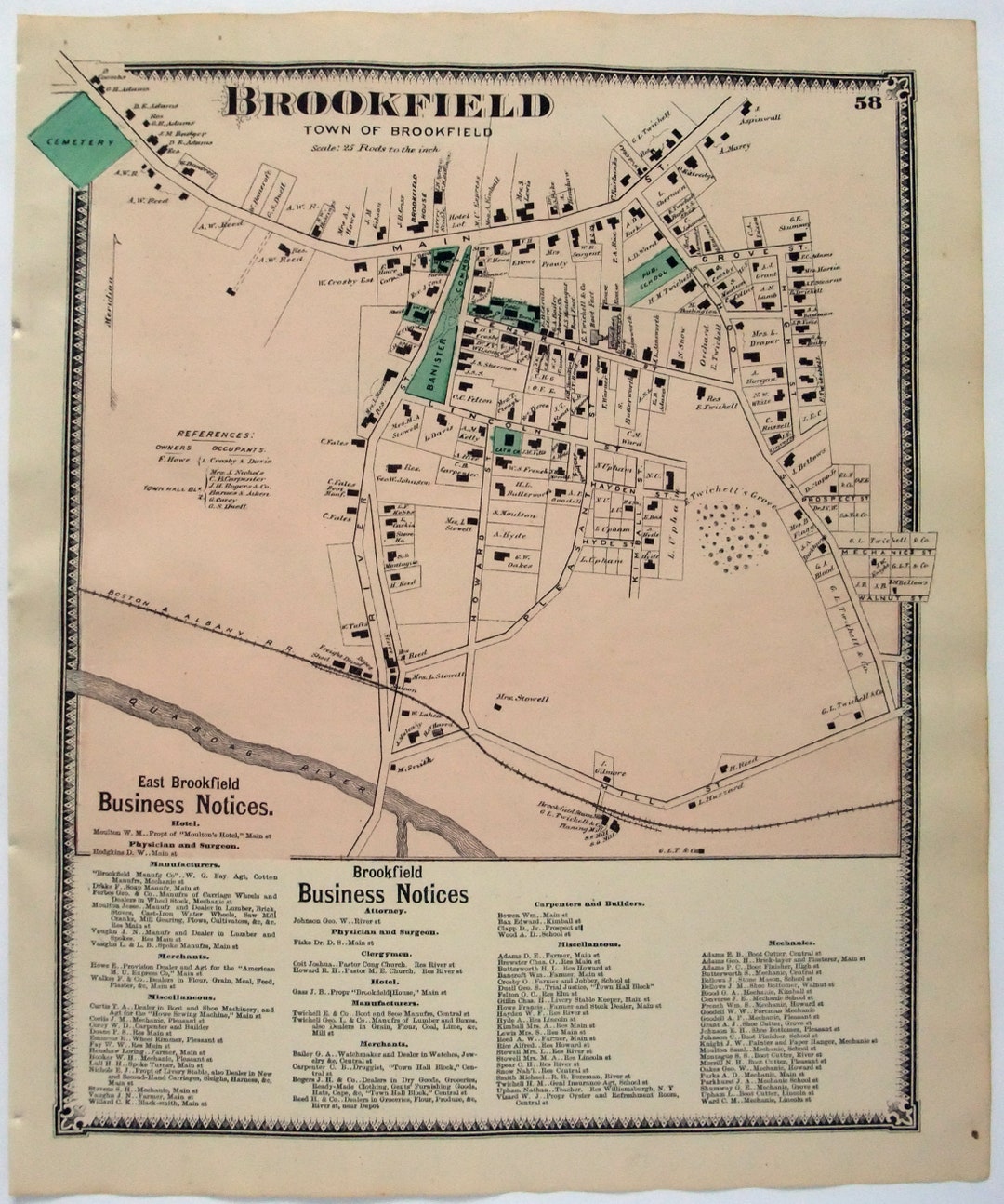 Brookfield, Massachusetts. 1870 Map by FW Beers. Hand Colored. Antique