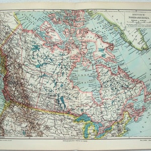 British Nordamerika - Original 1908 Landkarte von Meyers. Kanada Antik