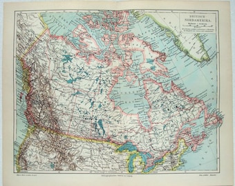 British North America - Original 1908 Map by Meyers. Canada Antique