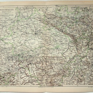 Originele kaart van 1908 van Westfalen, Duitsland door Meyers. Westfalen Antiek