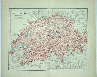 Antique Original 1895 Map of Switzerland by Hunt & Eaton