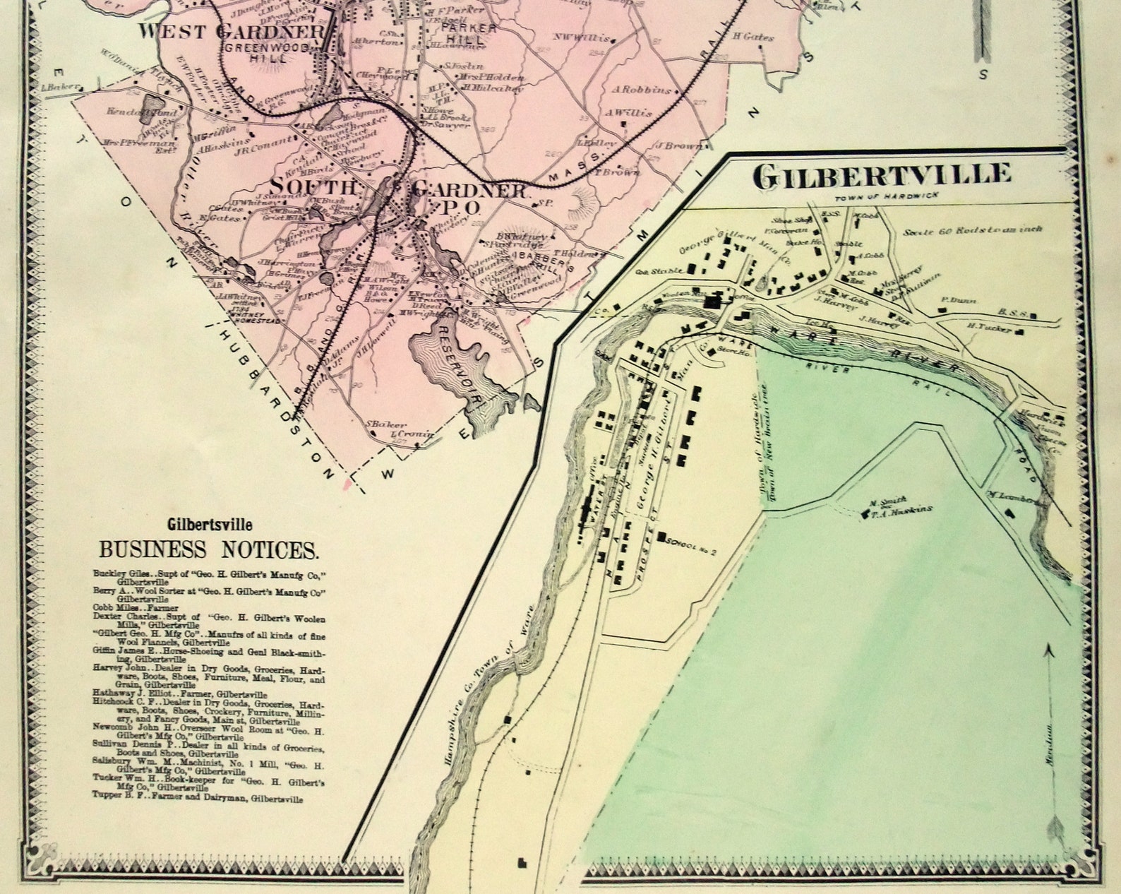 Gardner & Gilbertville Massachusetts. 1870 Map by FW Beers. Etsy