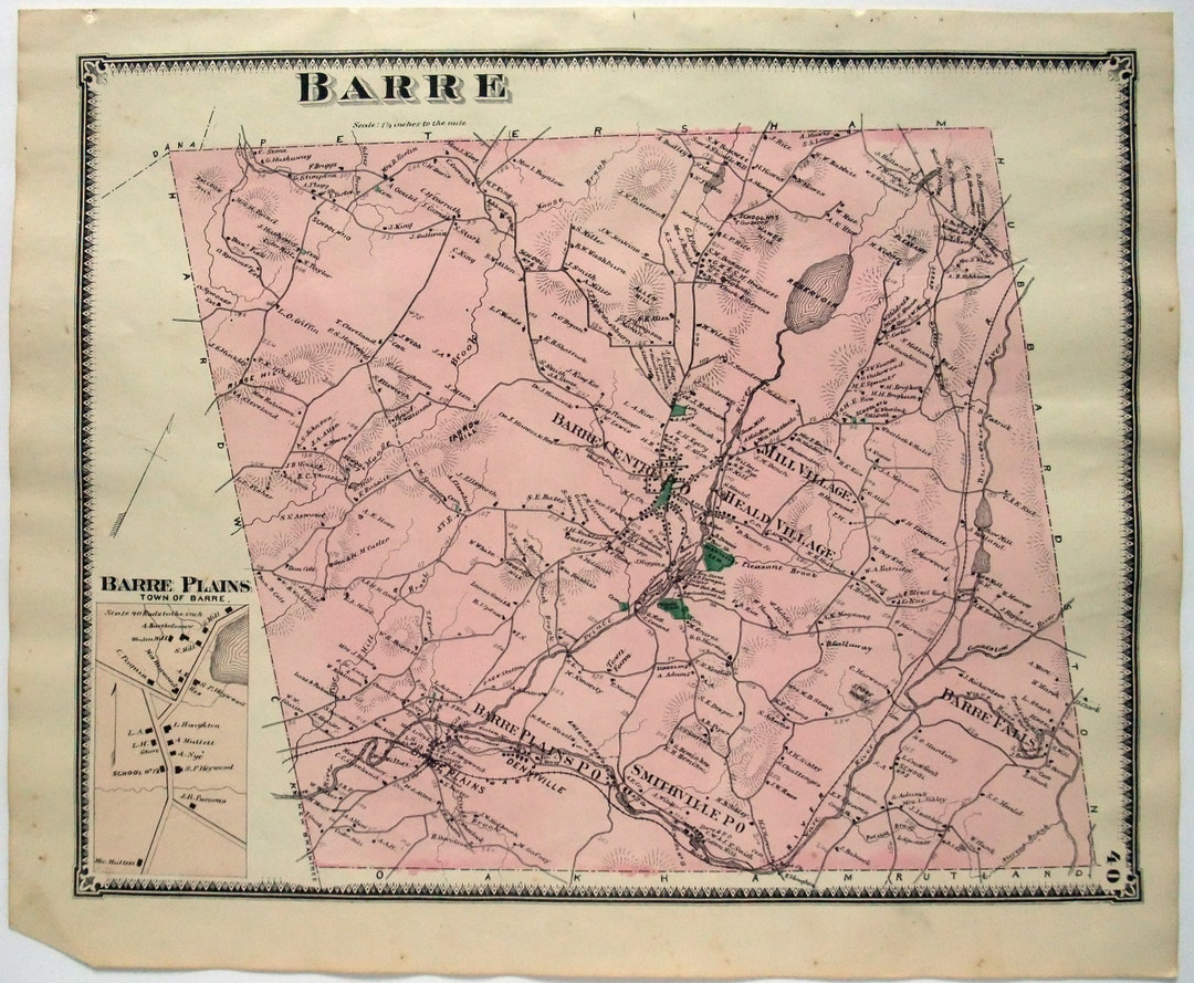 Barre, Massachusetts. 1870 Map by FW Beers. Hand Colored. Antique