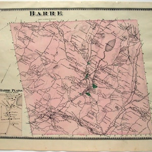 Barre, Massachusetts. 1870 Karte von FW Beers. Hand gefärbt. Antike Originalkarte