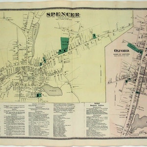 Spencer & Oxford, Massachusetts. Große 1870 Street Map von FW Beers. Hand gefärbt. Antike Original-Karte.