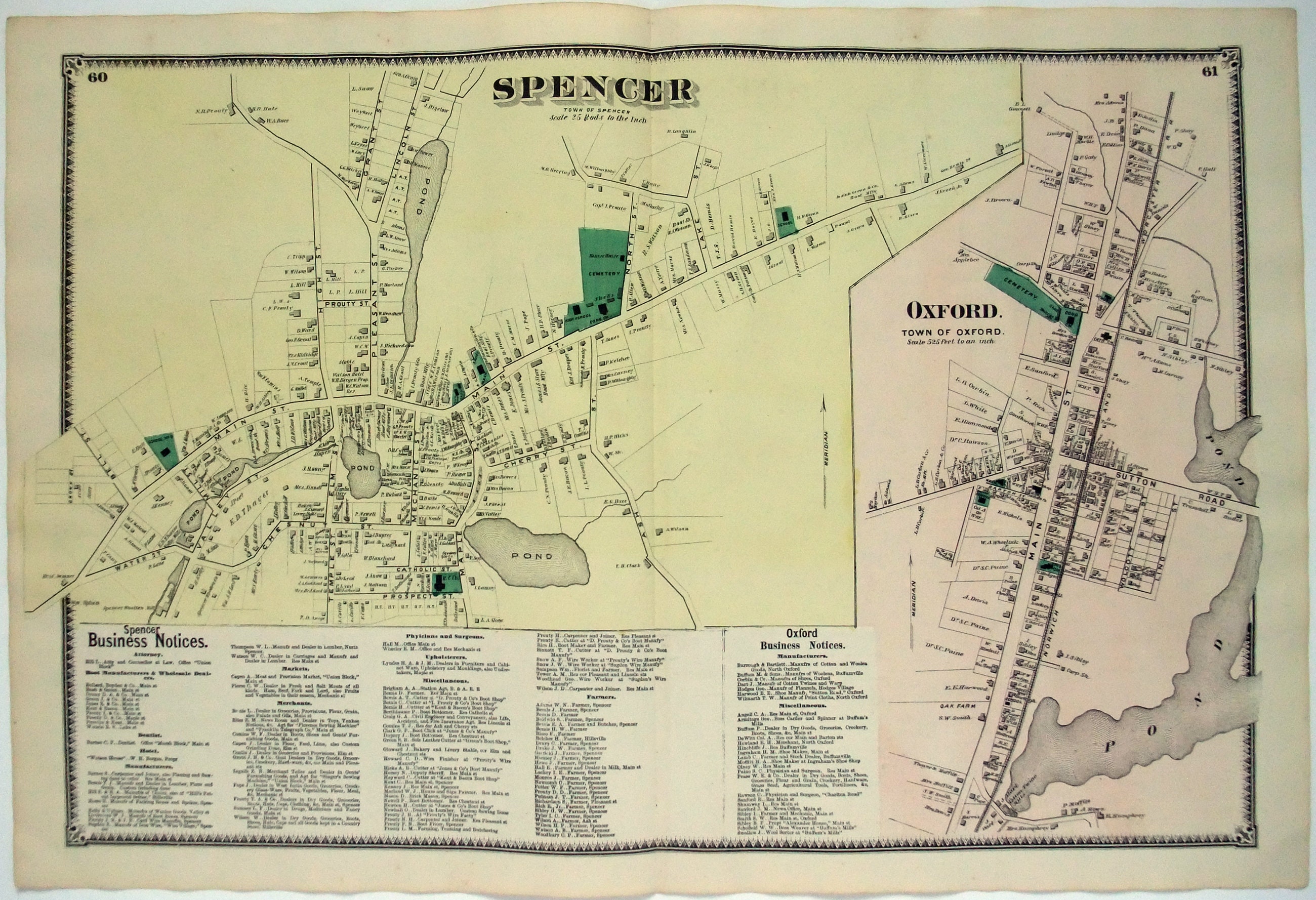 Spencer & Oxford Massachusetts. Large 1870 Street Map by FW Etsy
