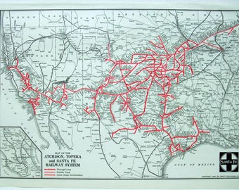 Atichison Topeka & Santa Fe Railway - Carte originale de 1931 par Poor's Publishing Co. vintage